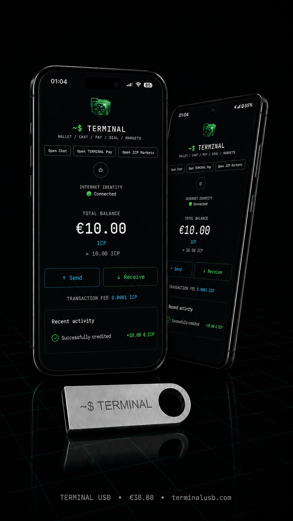 TERMINAL wallet preview with a €10 ICP welcome credit